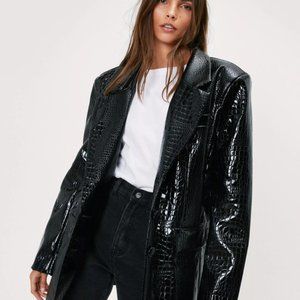 NASTY GAL, NEVER WORN Black Faux Leather Croc Embossed Oversized Blazer, Size 4